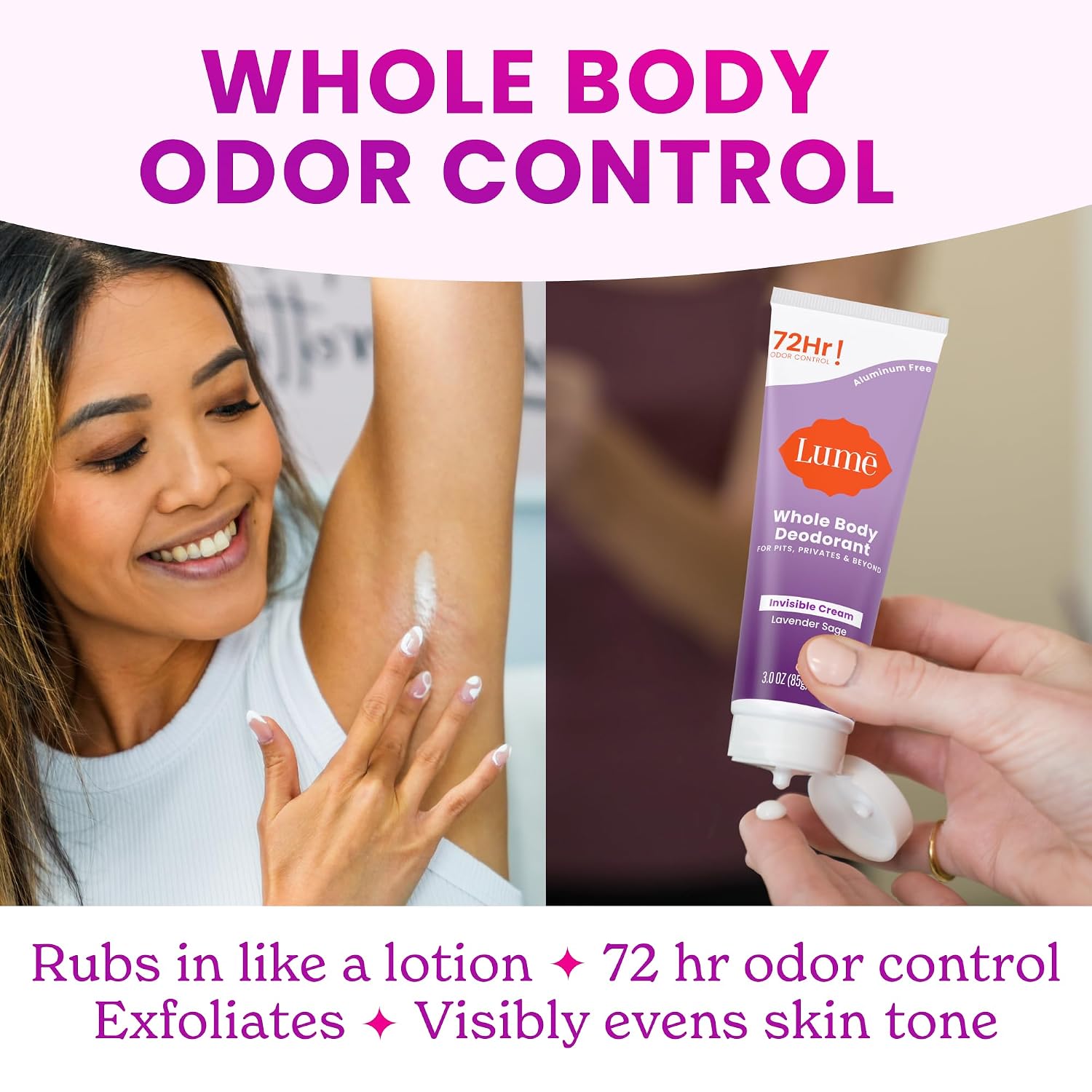 Lume Whole Body Deodorant - Invisible Cream Tube - 72 Hour Odor Control - Aluminum Free. Baking Soda Free. Skin Safe - 3.0 ounce (Pack of 2) (Lavender Sage)